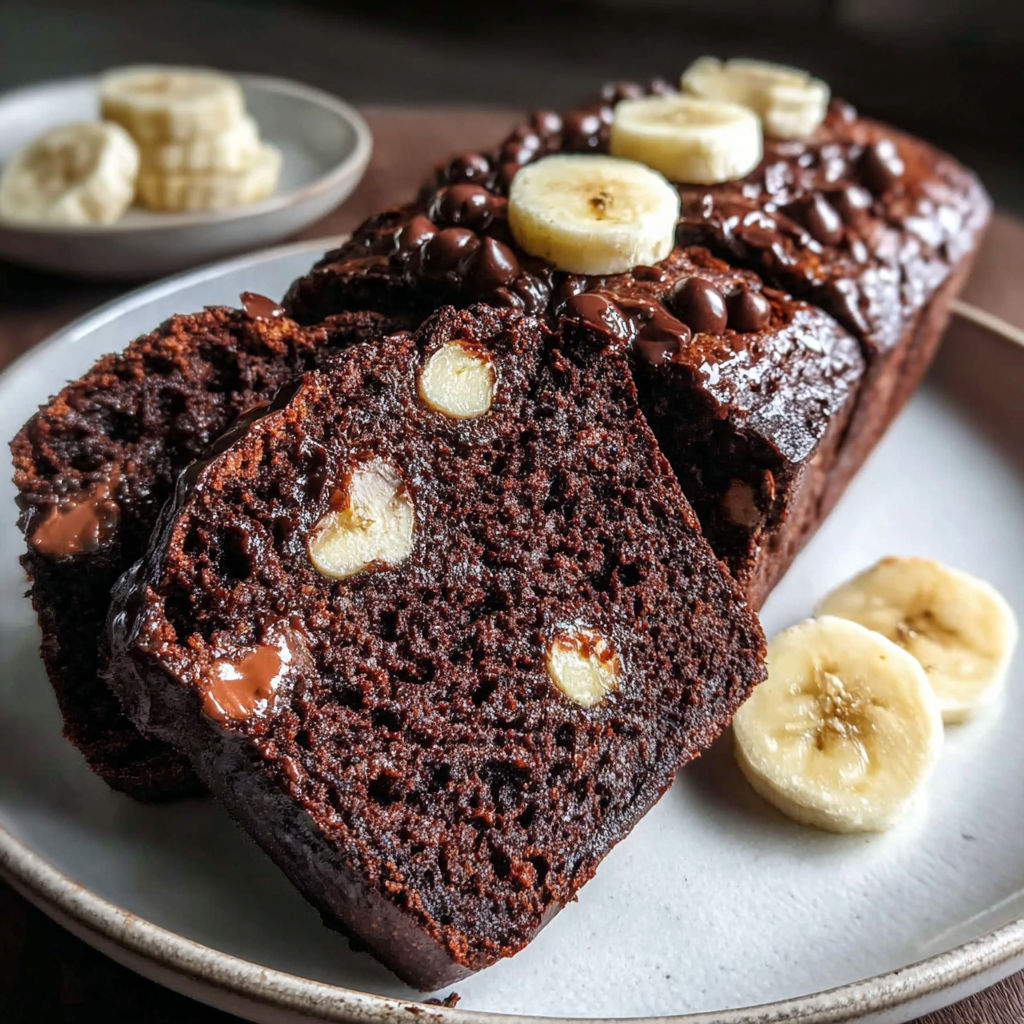 A slice of chocolate cake with bananas on top.