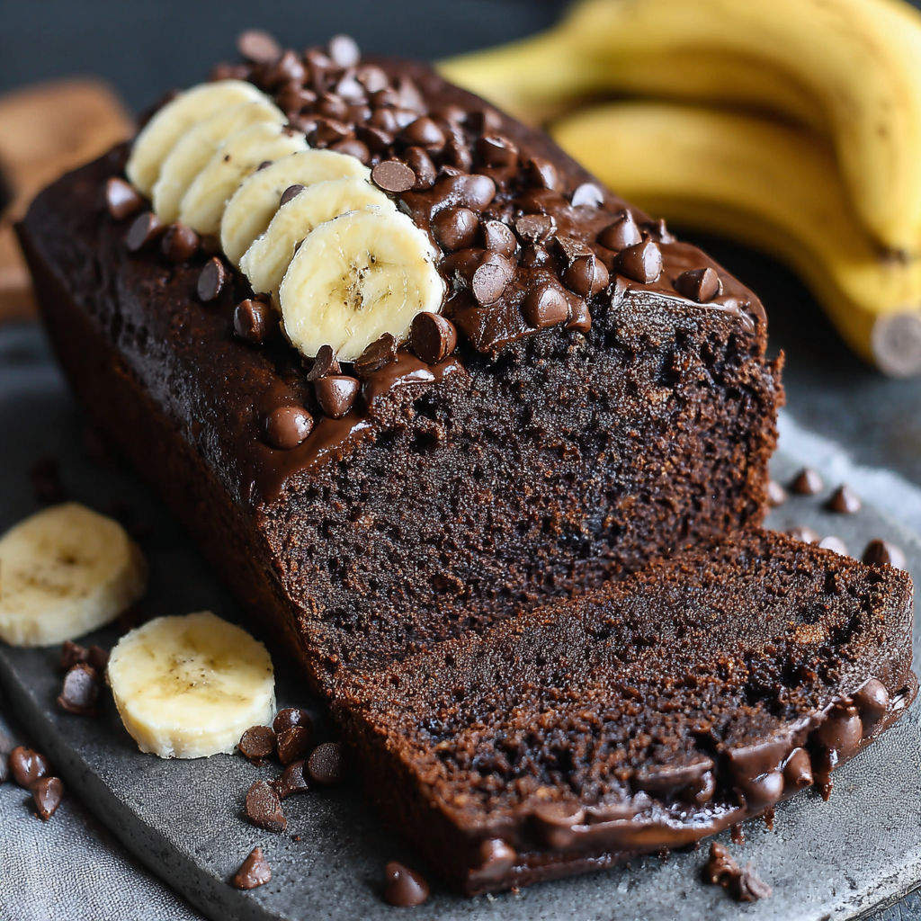 A slice of chocolate cake with banana slices on top.