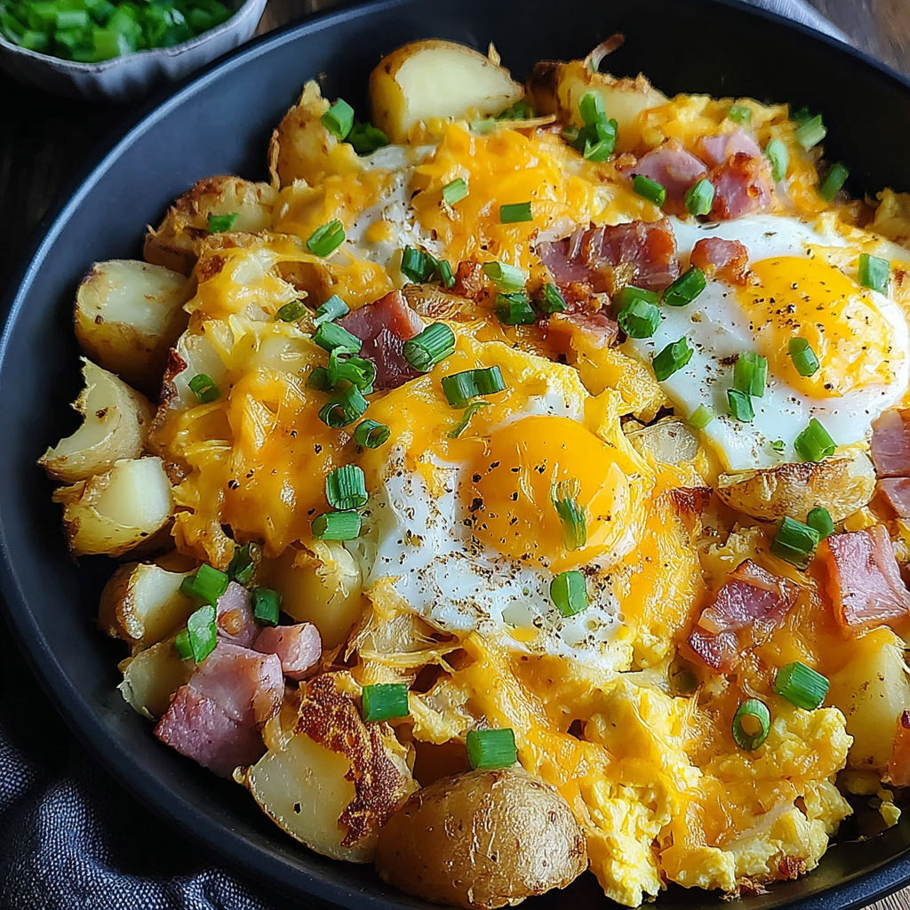 A bowl of food with eggs, potatoes, and bacon.