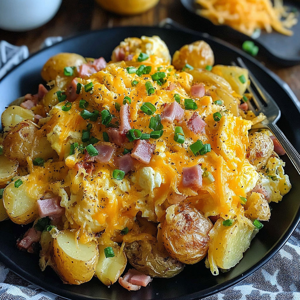 A plate of food with potatoes, ham, and cheese.