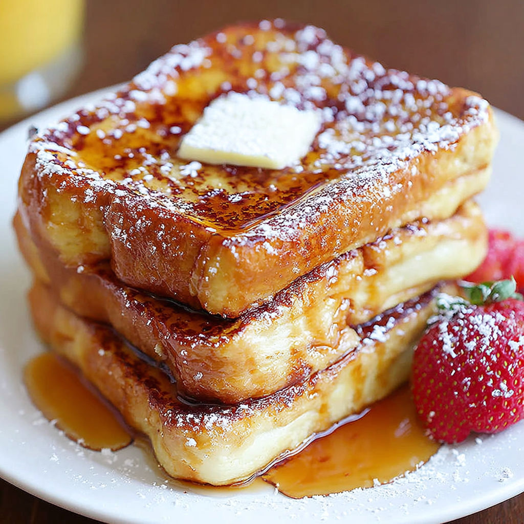 French toast with powdered sugar and a strawberry.