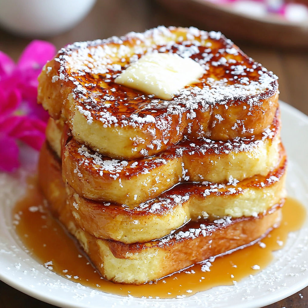 A stack of French toast with powdered sugar and butter.