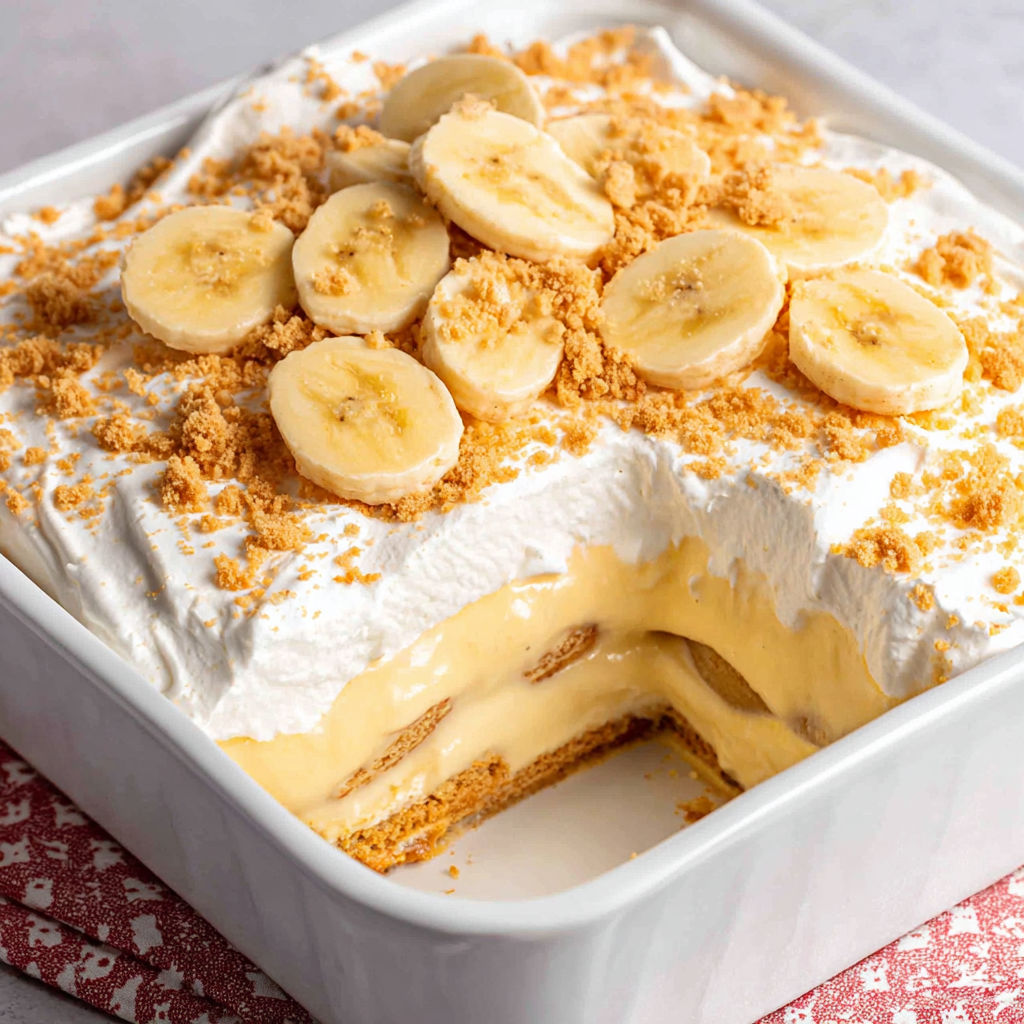 A white square dish with a slice of banana cream pie.