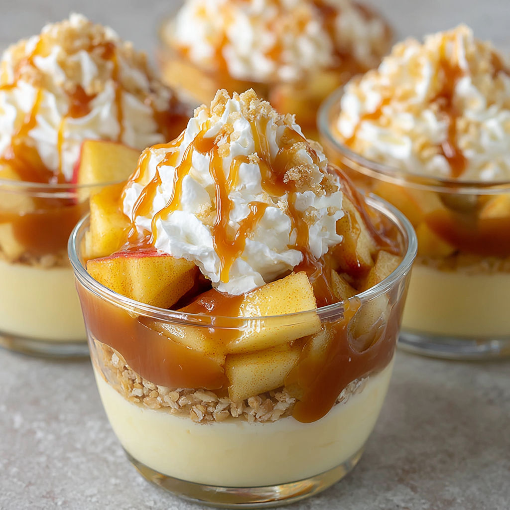 Three cups of caramel apple dessert.