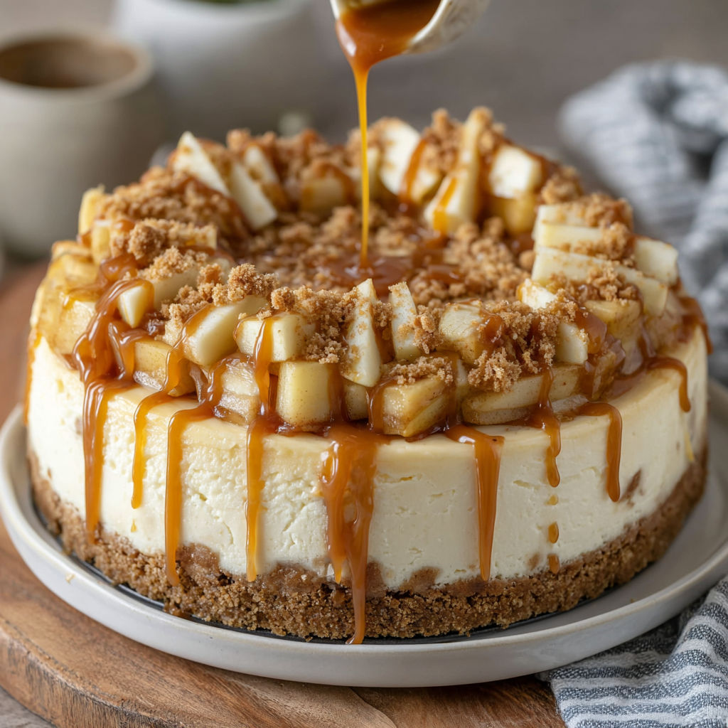 A slice of cheesecake with caramel drizzled on top.