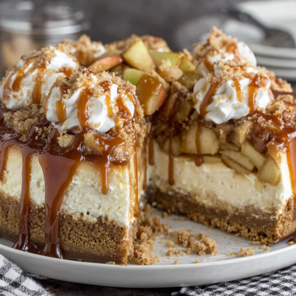 A slice of caramel apple pie cheesecake.