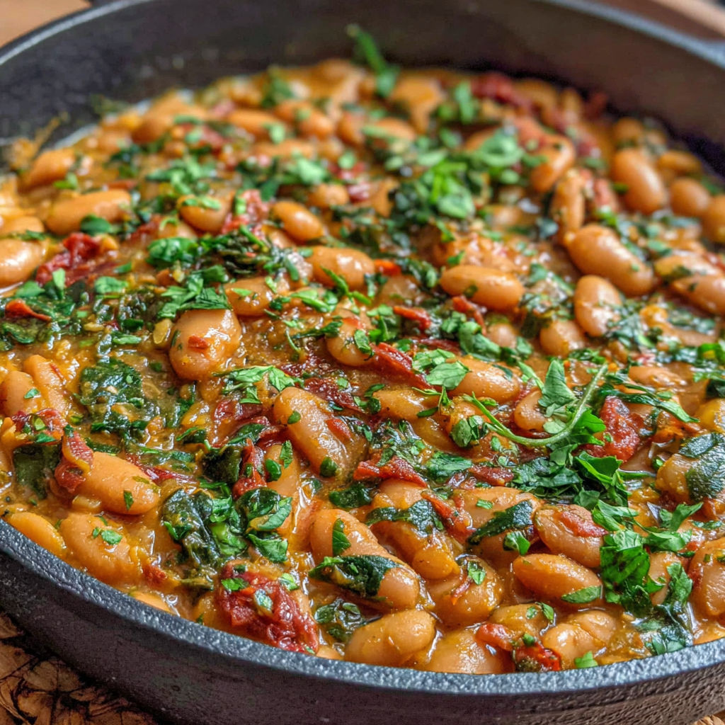 A pan of beans with green leaves on top.