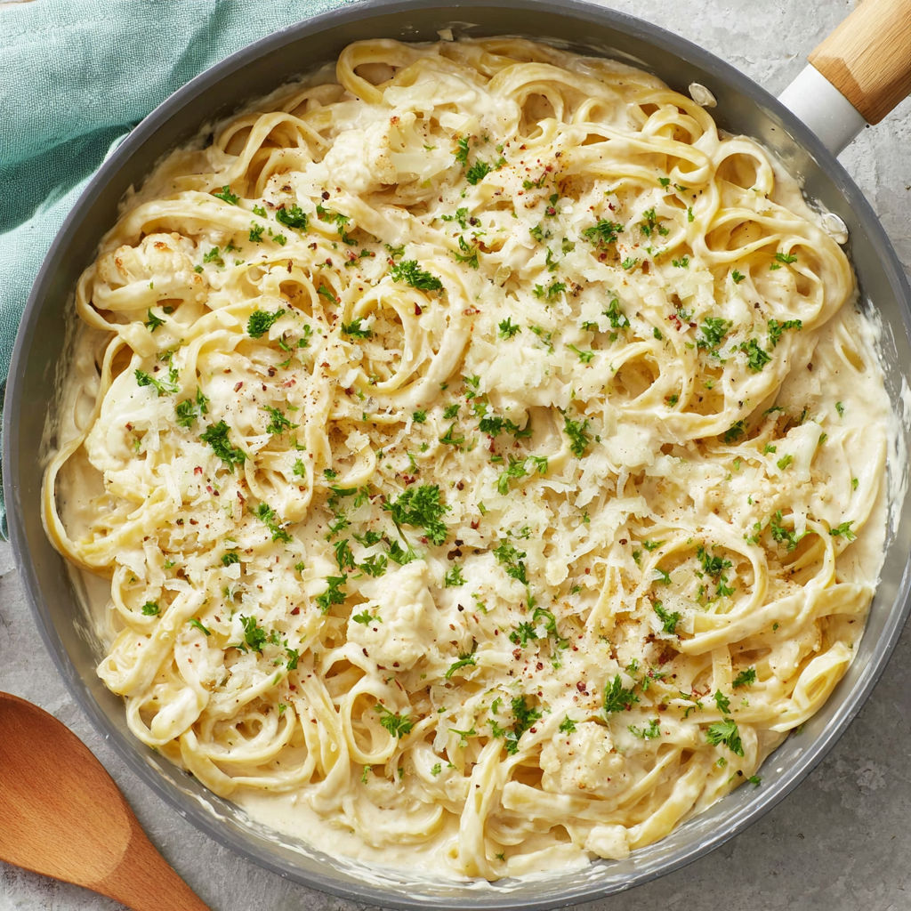 A bowl of pasta with cauliflower Alfredo.