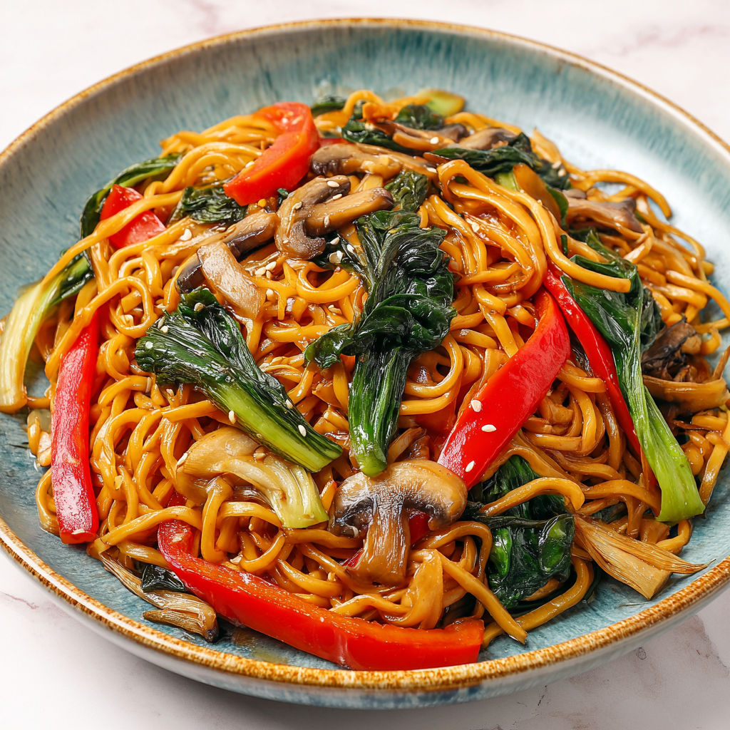 A bowl of noodles with vegetables and mushrooms.