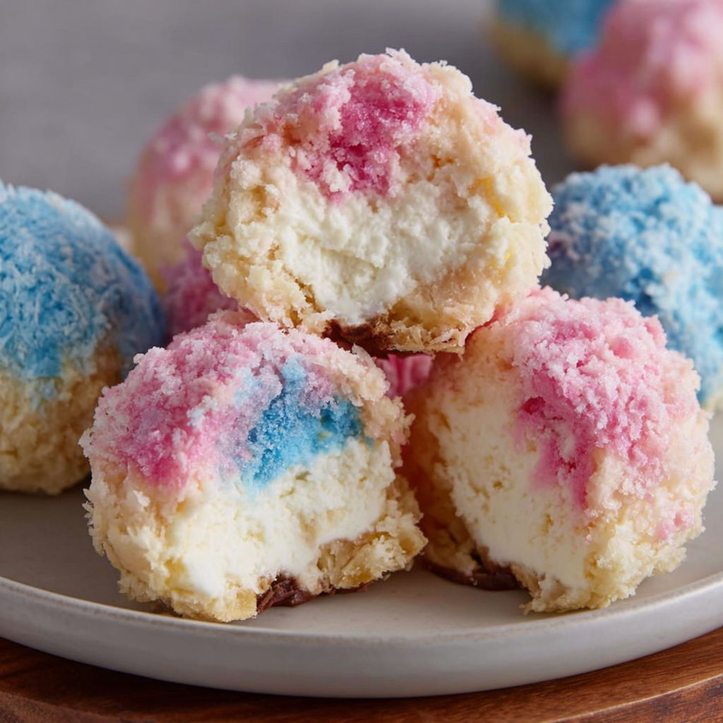 A plate of colorful cotton candy cheesecake bombs.