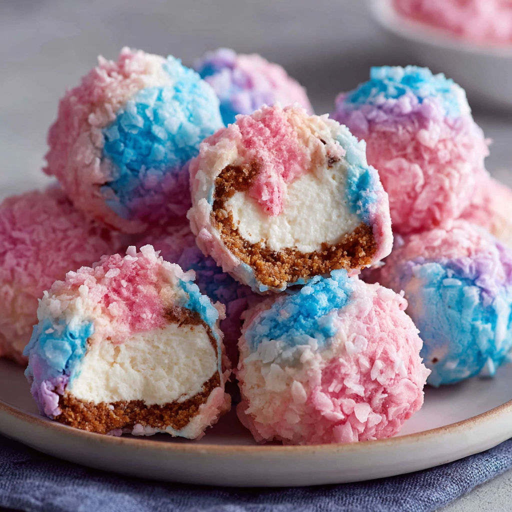 A plate of colorful cotton candy cheesecake bombs.
