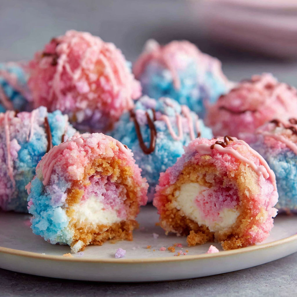 A plate of colorful cotton candy cheesecake bombs.