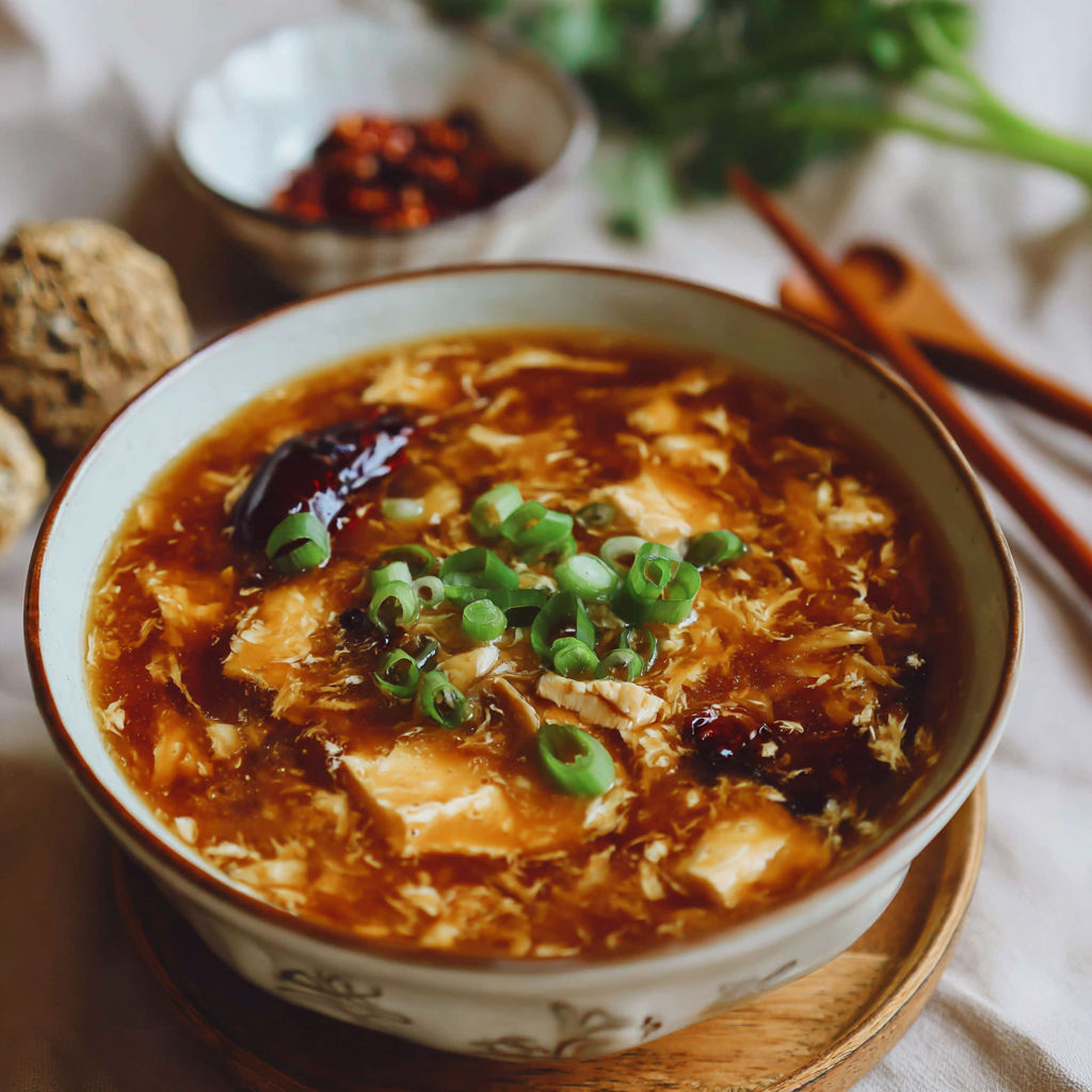 A bowl of hot and sour soup with green onions.