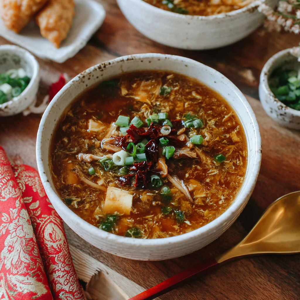 A bowl of soup with green onions and red peppers.