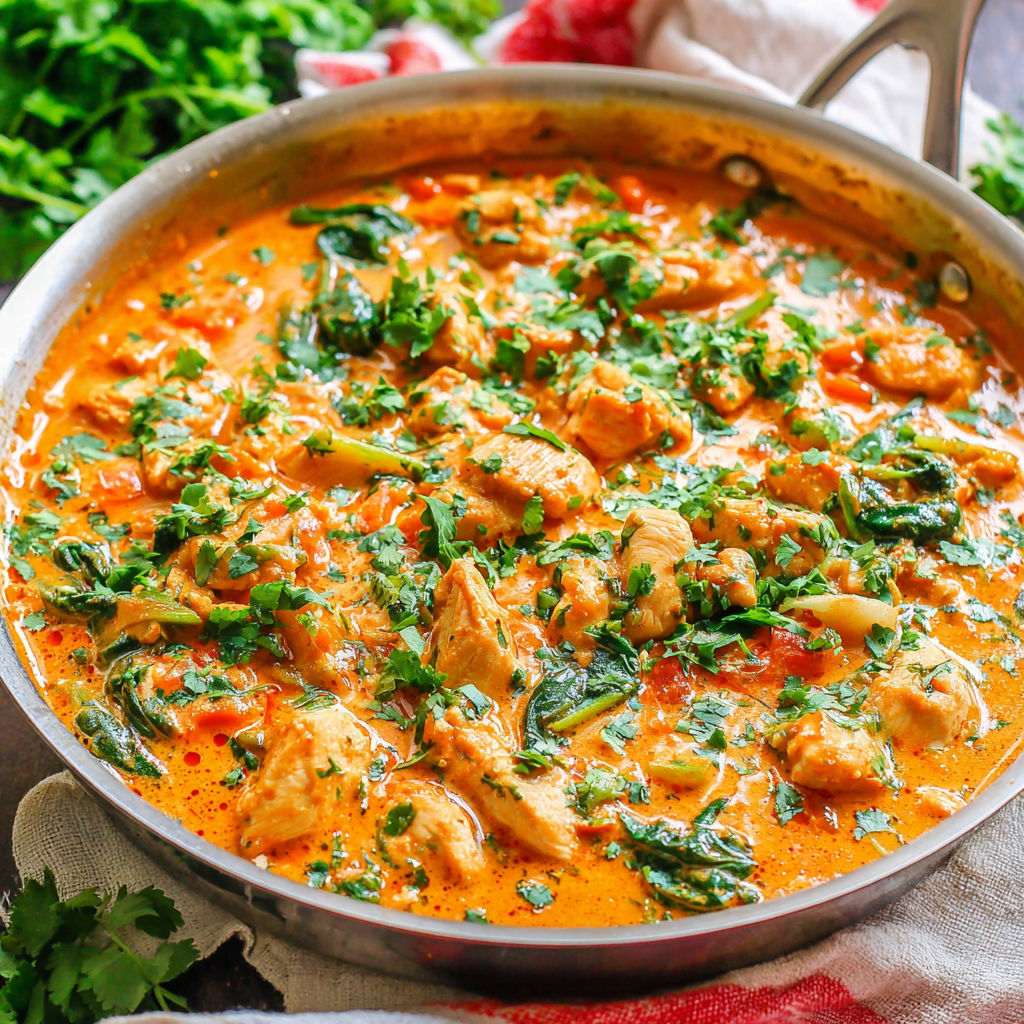 A pan of Thai chicken coconut curry.