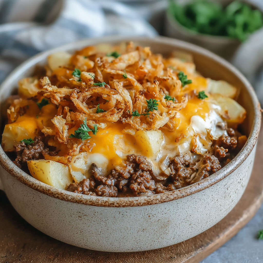 A rustic ground beef and potato bake in a bowl.