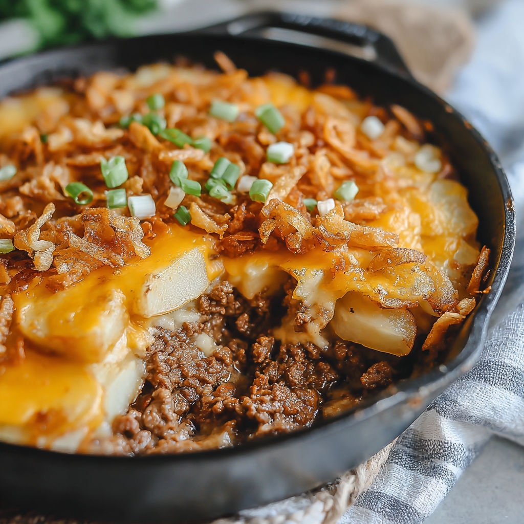 A rustic ground beef and potato bake.
