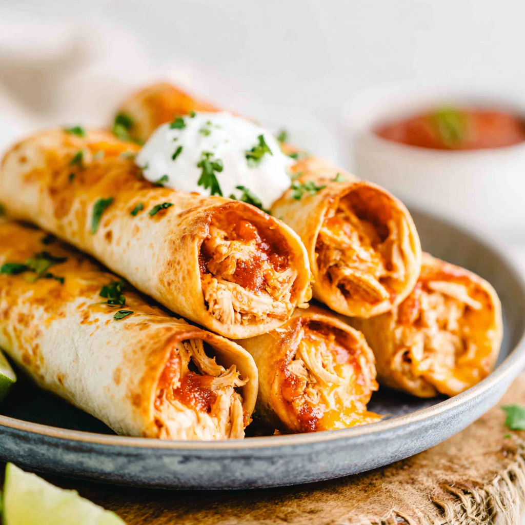 A plate of baked cream cheese chicken taquitos.