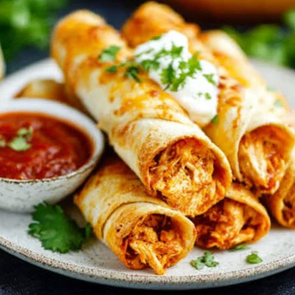 A plate of baked cream cheese chicken taquitos.