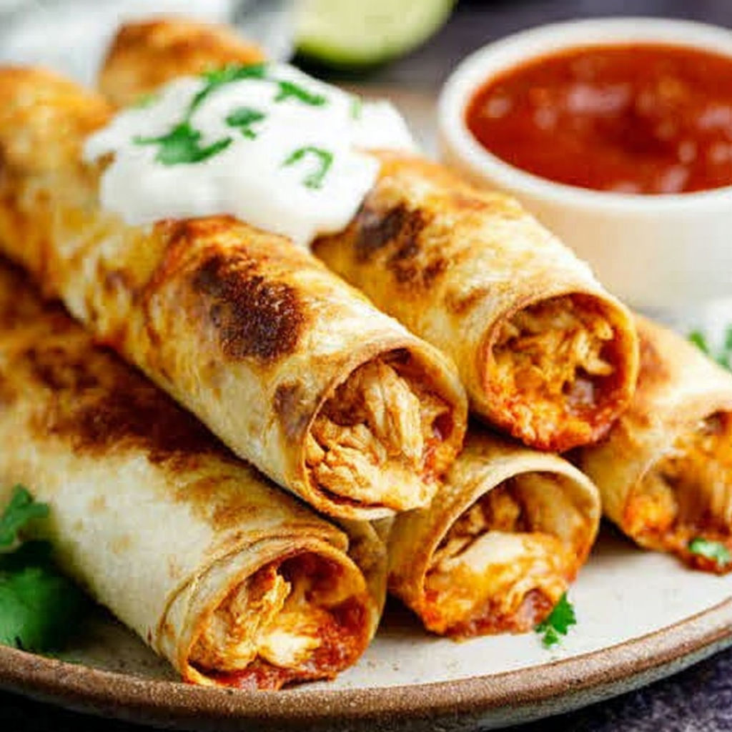 A plate of baked cream cheese chicken taquitos.