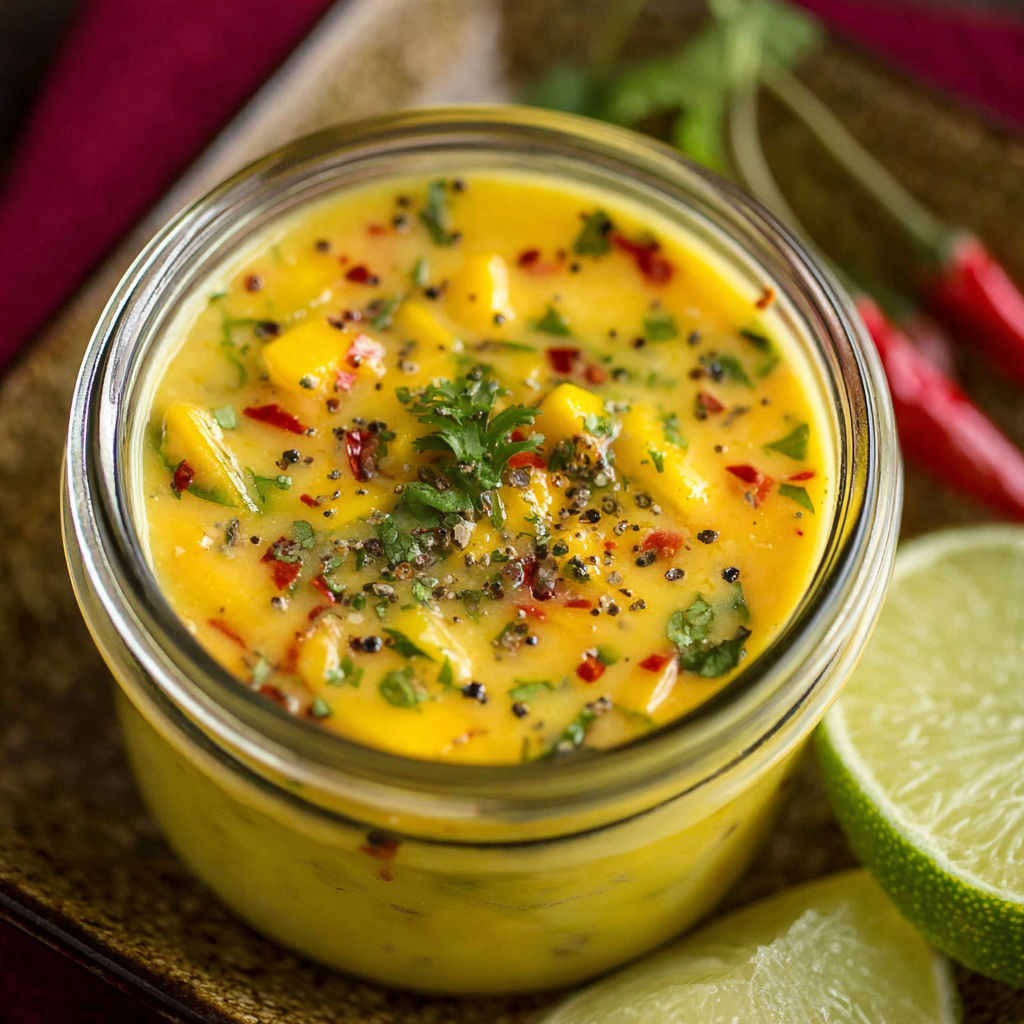 A glass jar of sweet and spicy mango salad dressing.