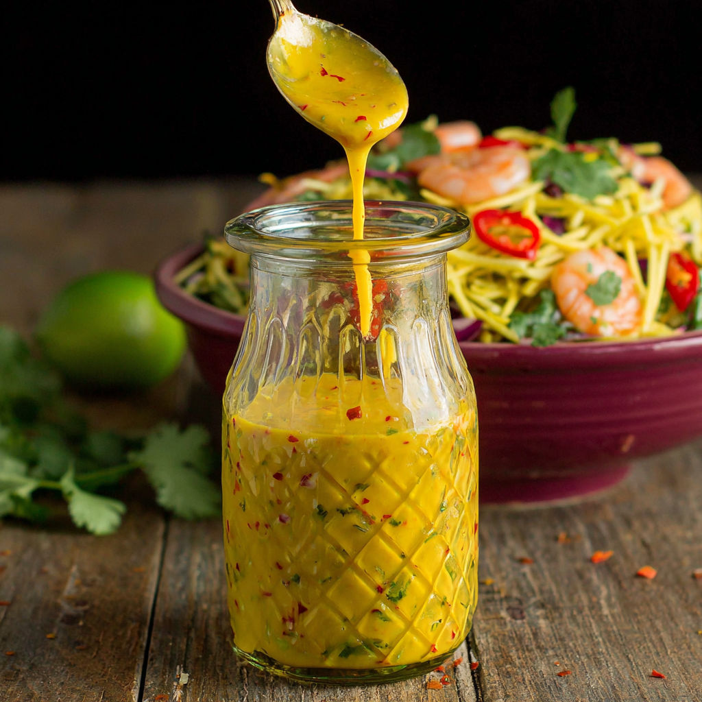 A glass jar of sweet and spicy mango salad dressing.