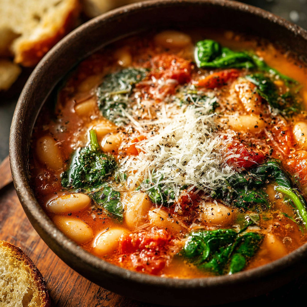 A bowl of soup with Parmesan cheese and tomatoes.