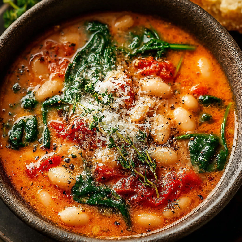 A bowl of soup with tomatoes, beans, and Parmesan cheese.