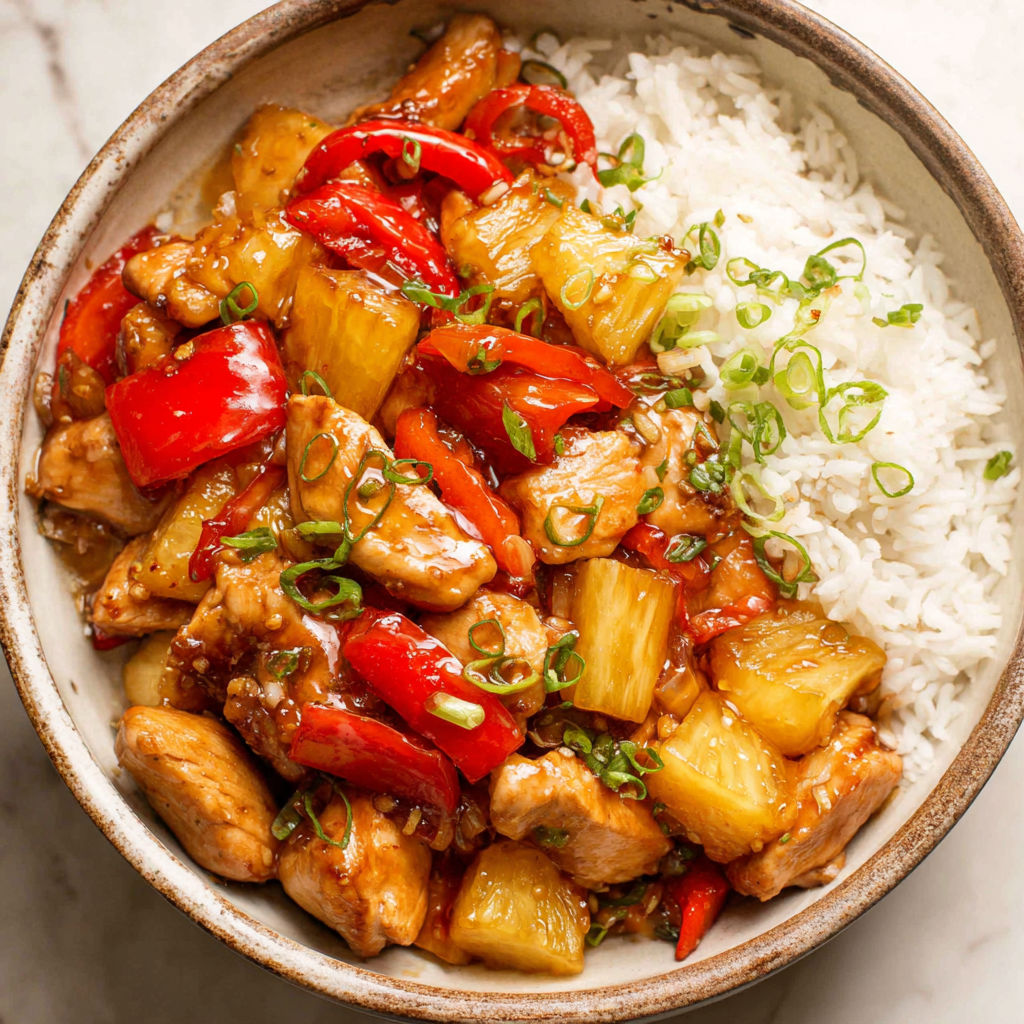 A bowl of pineapple chicken with rice.