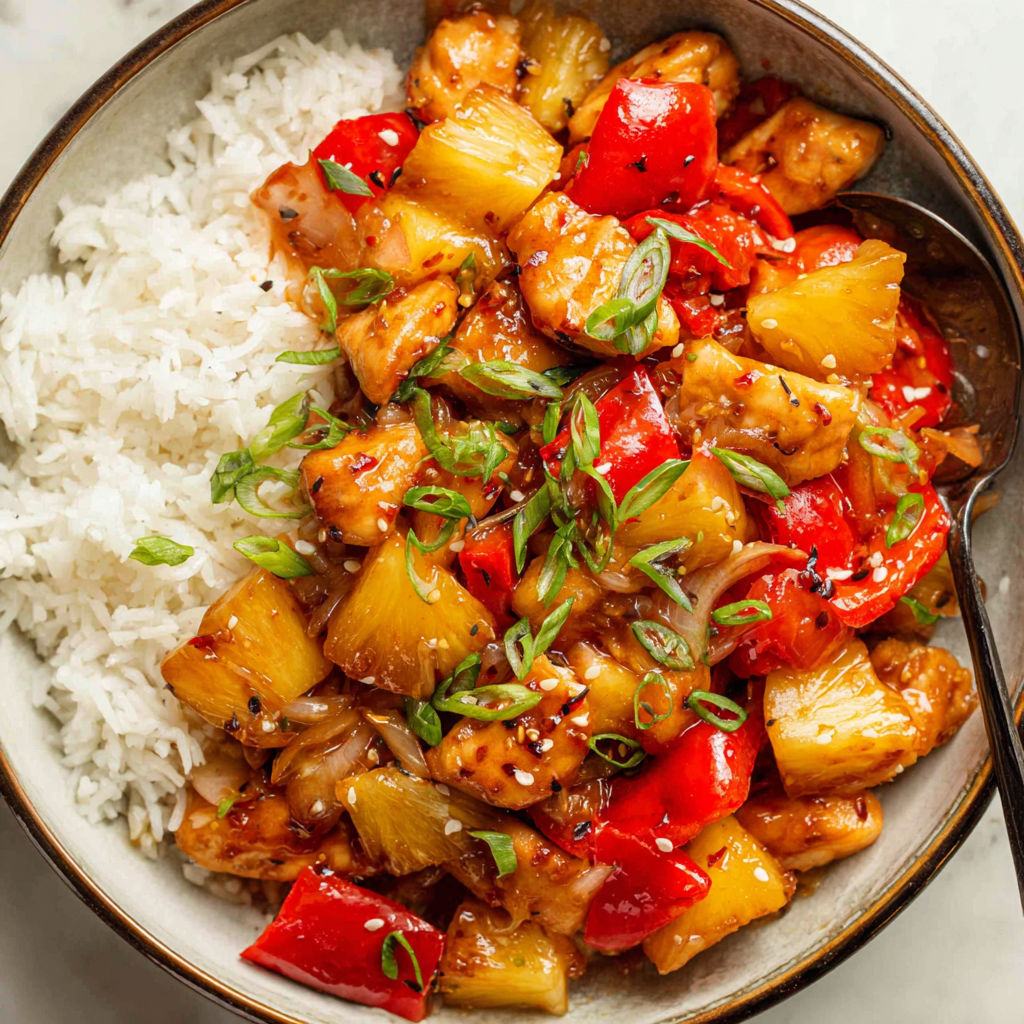 A bowl of pineapple chicken with rice.