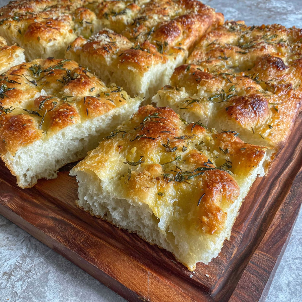 A wooden cutting board with sliced bread on it.