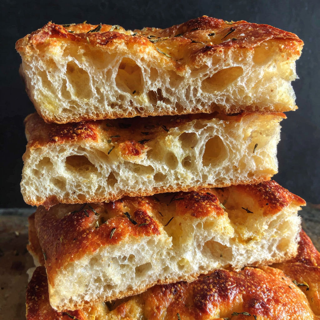 A stack of sourdough bread with holes in it.