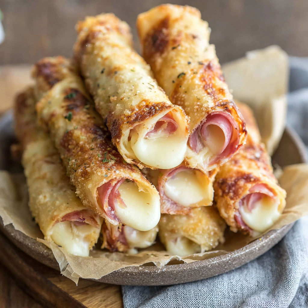 A plate of baked ham and cheese mozzarella sticks.