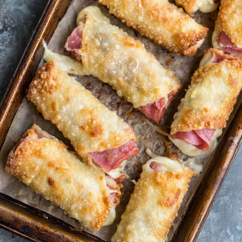 A tray of baked ham and cheese mozzarella sticks.