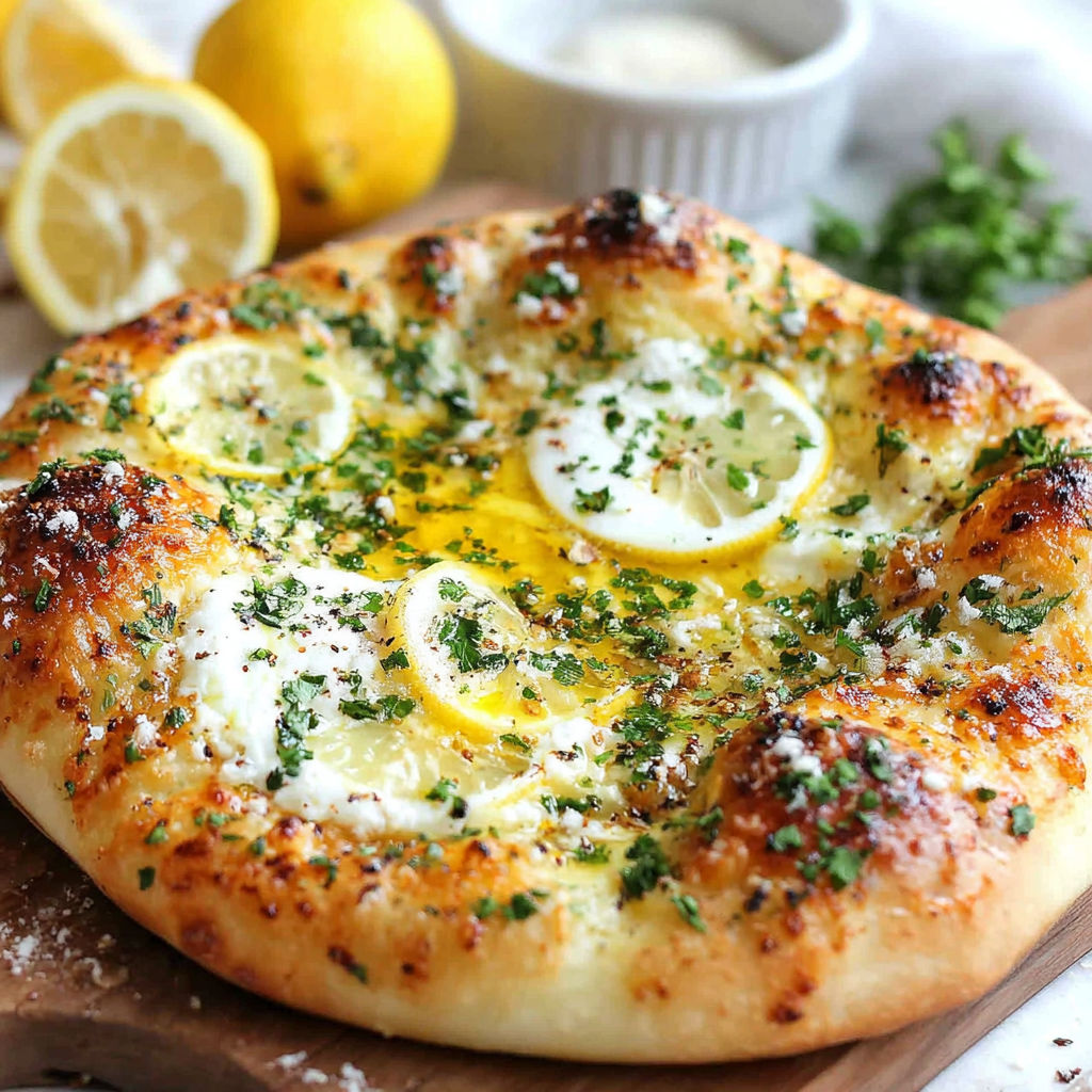 A pizza with lemon slices on top.