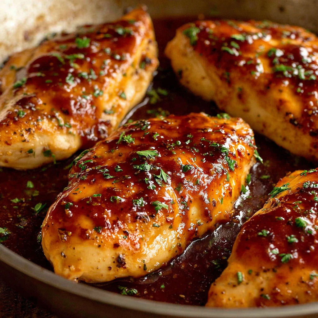 A pan of honey garlic chicken breasts.