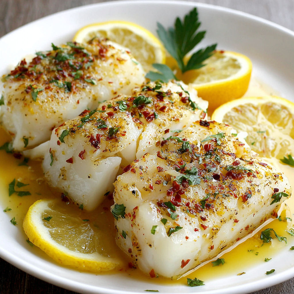 A plate of honey garlic chicken breast with lemon wedges.