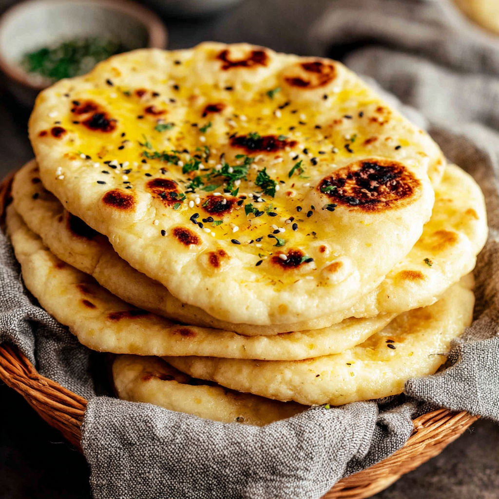 A stack of fluffy homemade naan.