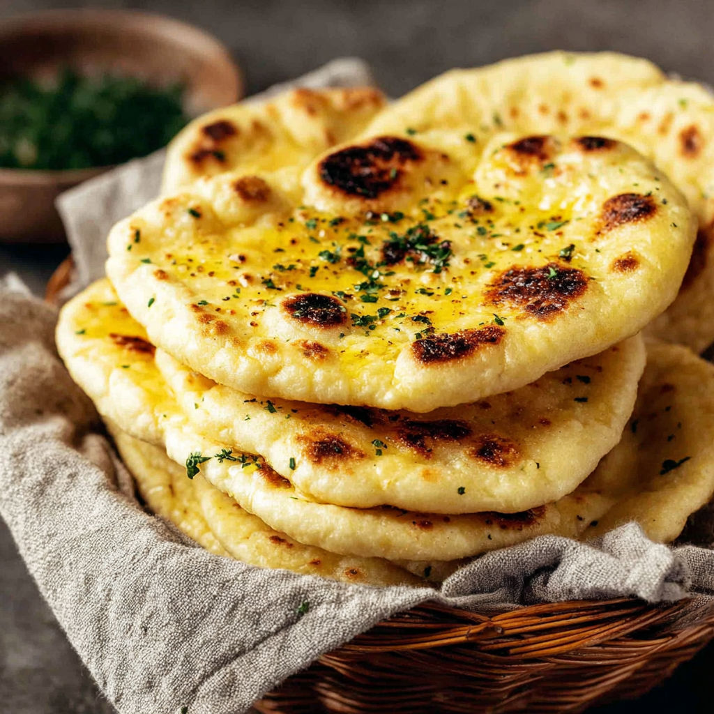 A basket of fluffy homemade naan.