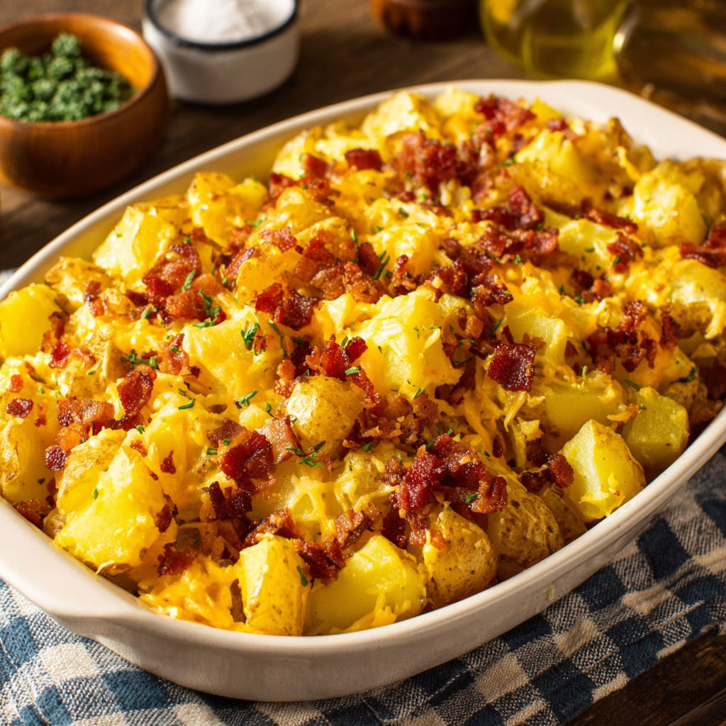 A dish of bacon and potatoes.