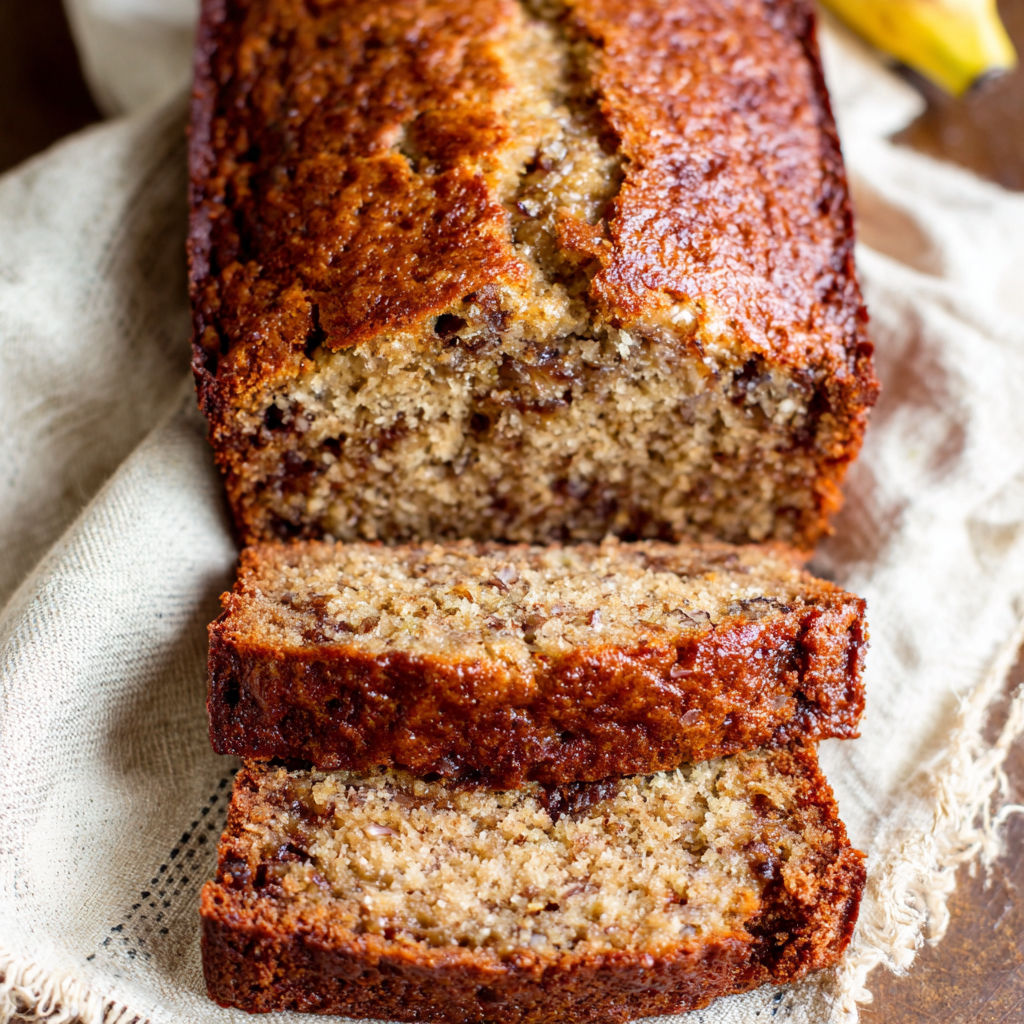 A slice of banana bread on a table.