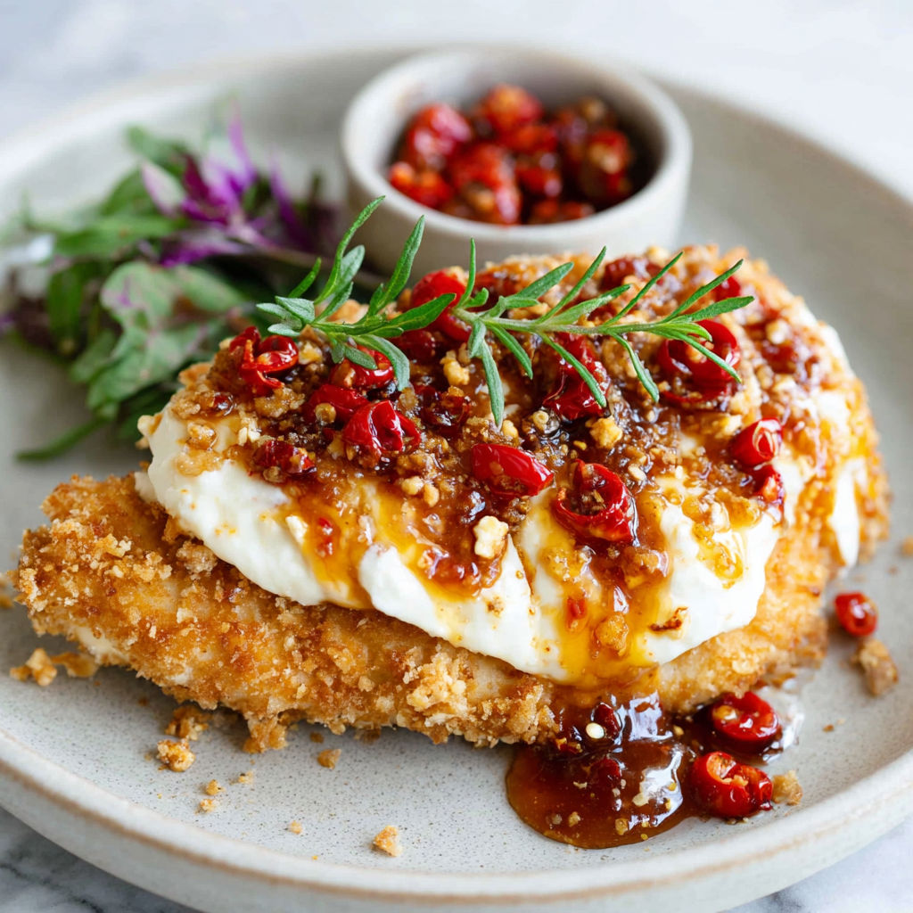 A plate of crispy hot honey feta chicken.