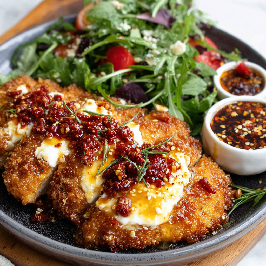 A plate of food with chicken, salad, and sauce.