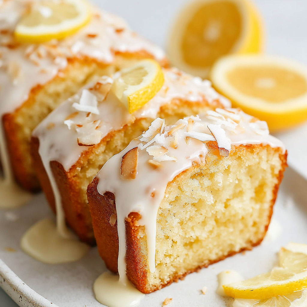 A loaf of bread with lemon and coconut toppings.