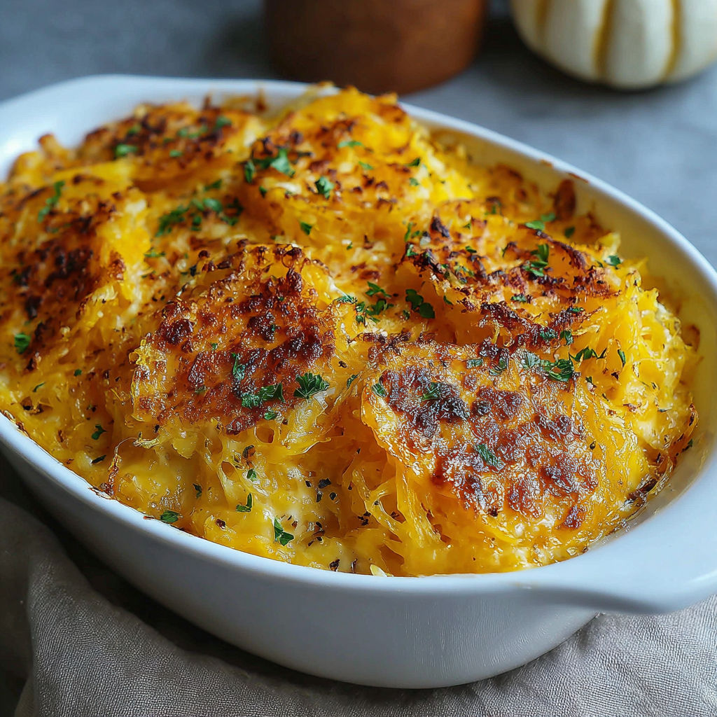 A dish of spaghetti squash au gratin.