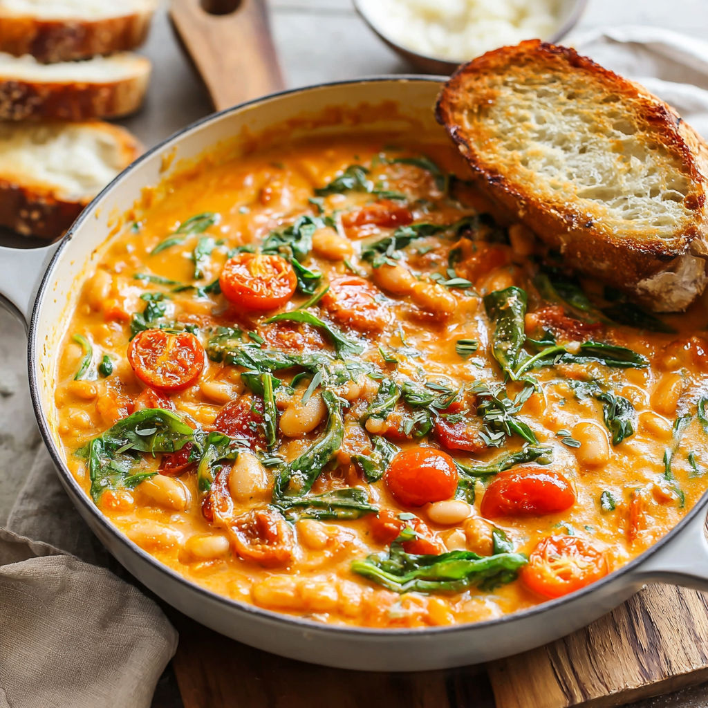 A bowl of creamy tomato white bean stew.