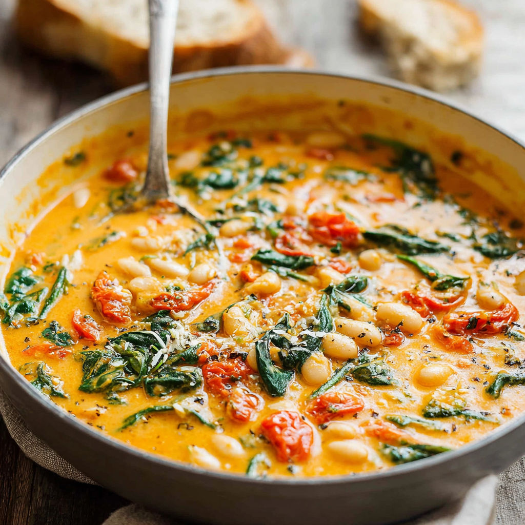 A bowl of soup with a spoon in it.