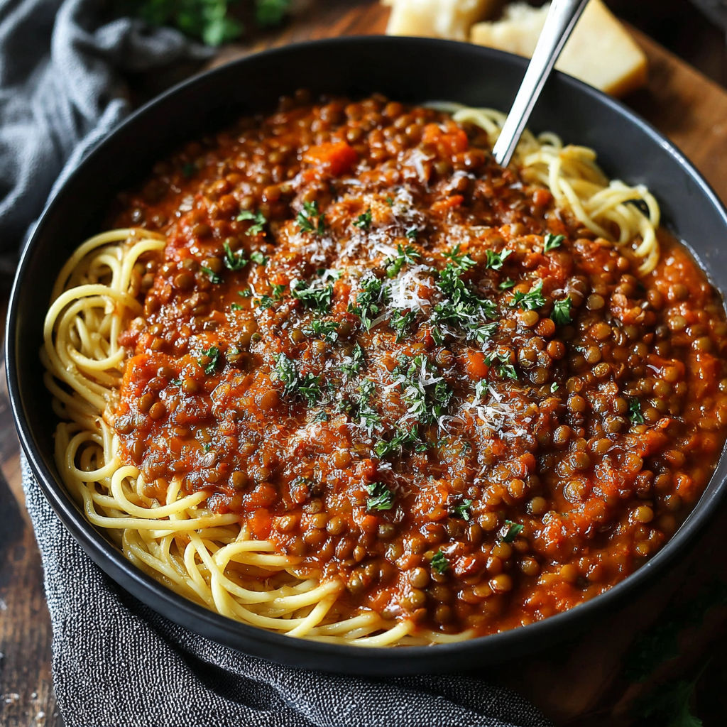 A bowl of lentil bolognese with spaghetti noodles.