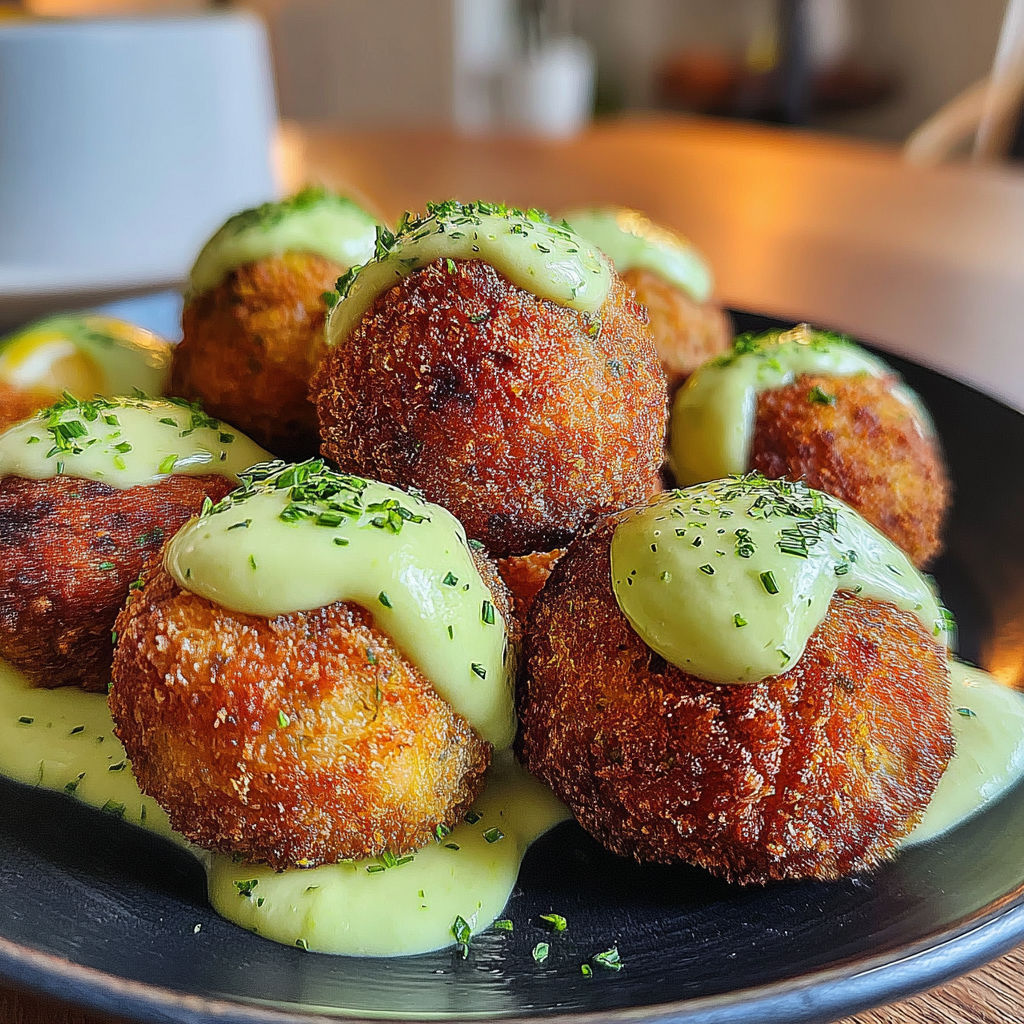 A plate of salmon balls with creamy avocado sauce.