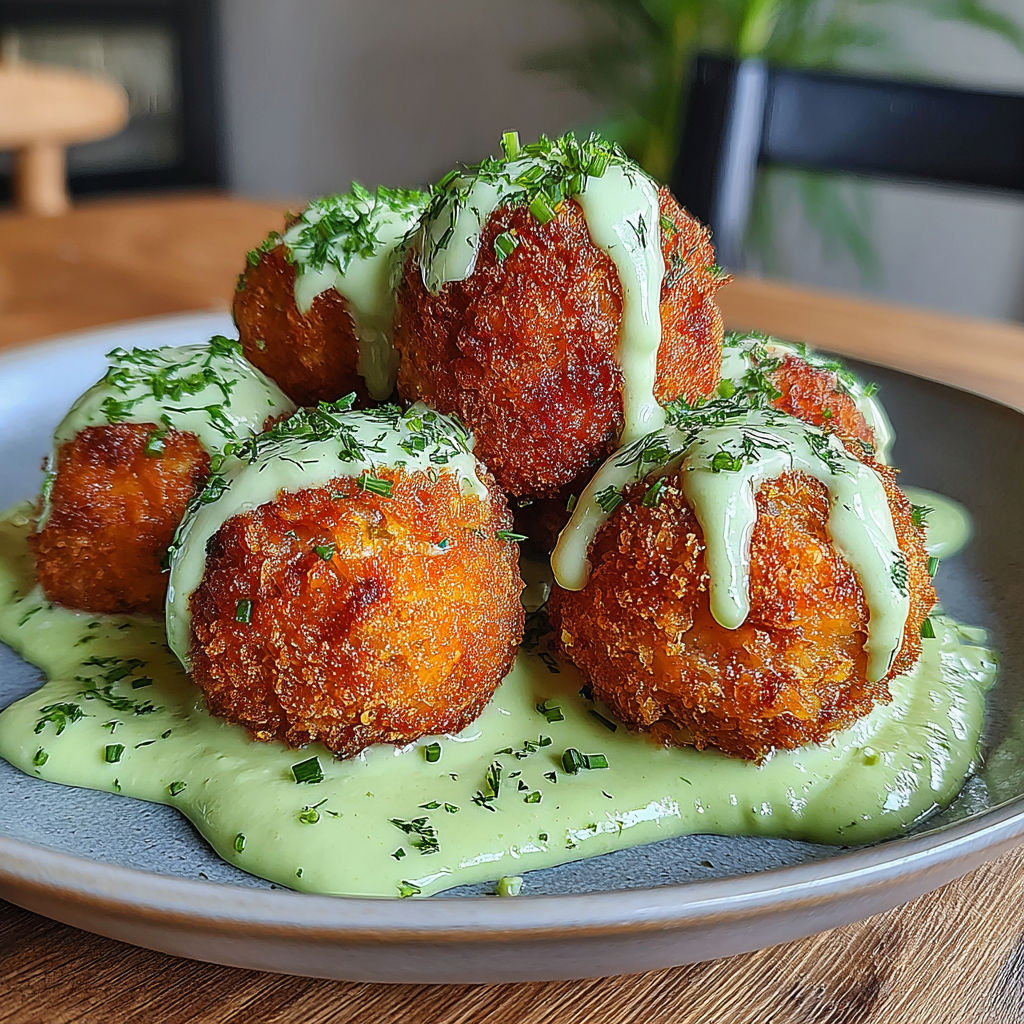 A plate of salmon balls with a creamy avocado sauce.